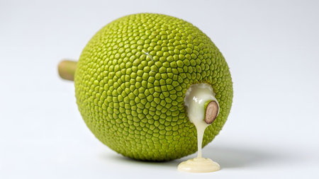 Isolated showing green jackfruit with sticky sap dripping down isolated on white background...