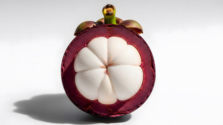 Background showing half mangosteen fruit showing white segments and deep purple rind on white...