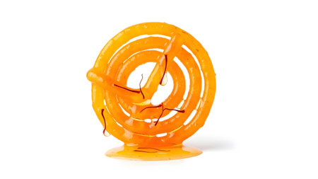 A golden orange swirled sweet pastry is generously drizzled with syrup and adorned with delicate...