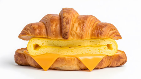 A croissant sandwich with a rolled egg and orange cheese slices, presented on white.......