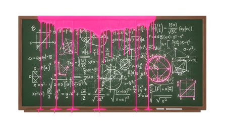 Partially showing green chalkboard with mathematical formulas and graphs partially covered by...