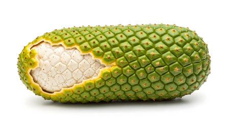A whole green monstera deliciosa fruit with a distinct hexagonal pattern and a white interior is...