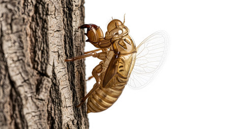 A detailed macro of a golden cicada exoskeleton with delicate transparent wings, clinging to...