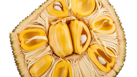 showing half of a ripe jackfruit showing yellow bulbs and white seeds on white background....