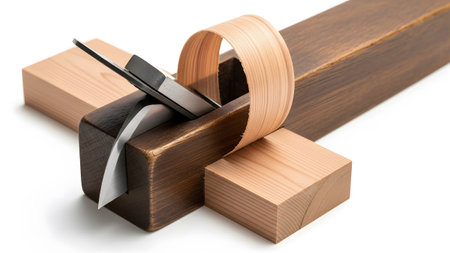 showing japanese woodworking hand plane with wood blocks and wood shavings on white.