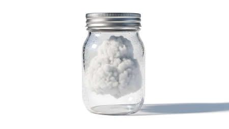 A clear glass jar holds a fluffy white cloud with small water droplets on its exterior....