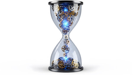Light showing hourglass filled with gears and blue light flowing from top to bottom on a white...