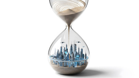 showing hourglass with futuristic city and drones inside on white background.