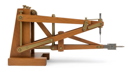 An intricate wooden and brass mechanical instrument with a fine pointed stylus is shown.