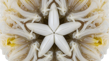 Starfish showing intricate white starfish mouth structure with yellow accents and symmetrical...