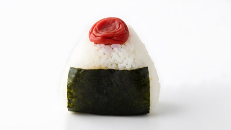 Topped showing japanese rice ball onigiri topped with pickled plum and wrapped in nori seaweed...
