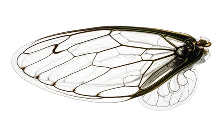A detailed macro view of a transparent insect wing with a network of fine dark veins and a...