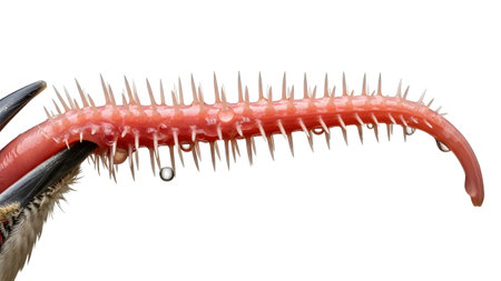 Macro shot of a pink segmented appendage with sharp spikes and water droplets, held by dark...