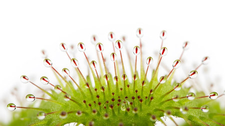 Carnivorous showing macro view of a carnivorous sundew plant showing numerous red tipped...
