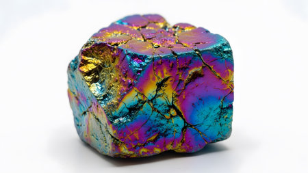 showing iridescent peacock ore mineral specimen with vibrant rainbow colors on white...