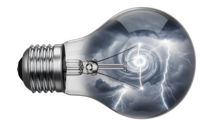showing light bulb containing a swirling storm with lightning strikes on a white...