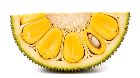 showing jackfruit slice with yellow bulbs and white seeds on white background.