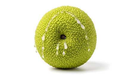 Background showing green osage orange fruit with white sap dripping around its center on white...