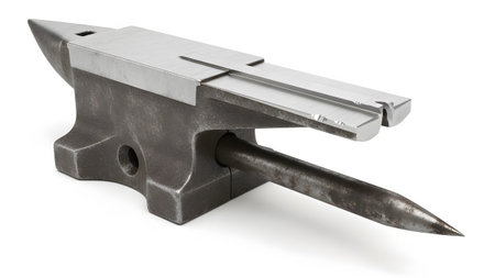 Background showing heavy duty metal anvil with pointed horn and steel surface on white...