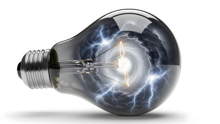 showing light bulb containing a swirling storm with lightning strikes on a white...