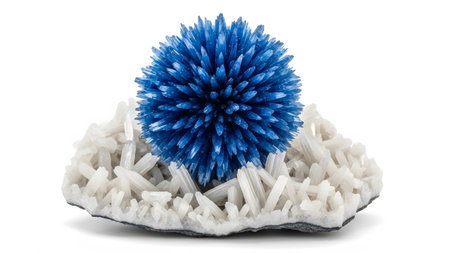 A striking blue spiky crystal formation rests on a bed of white needle-like crystals against a...