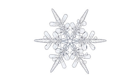 A detailed macro view of a six-pointed snowflake reveals intricate crystalline structures and...