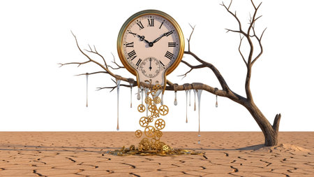 Watch showing melting pocket watch with gears dripping onto cracked desert ground and dry tree...