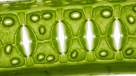 Cell showing microscopic view of bright green plant cell structure with hexagonal shapes and...