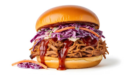 A close-up shot of a pulled pork sandwich with a generous filling of coleslaw and a cascade of...