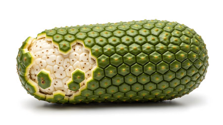 Flesh showing monstera deliciosa fruit with green hexagonal rind and white flesh on white.
