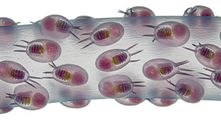 Attached showing microscopic view of transparent pink oval organisms with internal structures...