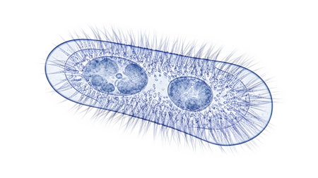 showing microscopic paramecium protozoa organism with cilia and internal structures on...