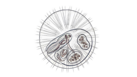 A microscopic view of a circular organism with distinct internal structures and a spiky outer edge.
