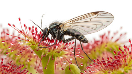A macro shot of a small black insect with transparent wings on a red sundew plant with dew droplets.