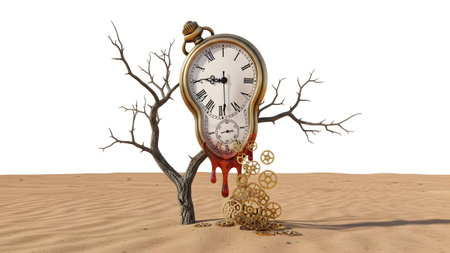 A melting pocket watch drips red liquid and gears onto sand from a dead tree branch in a barren...