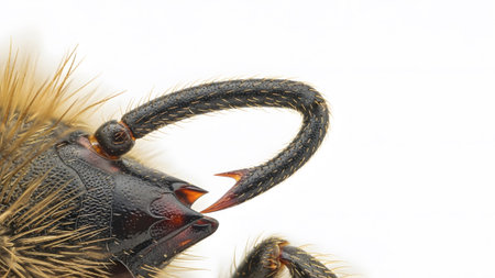 Background showing macro view of a dark insect head with curved segmented antenna and spiky...