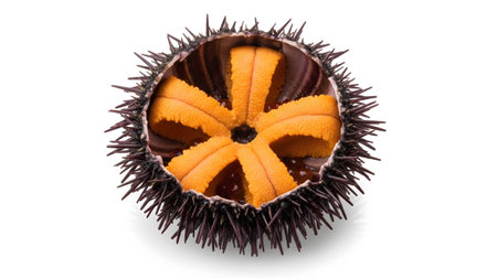 A halved purple sea urchin its vibrant orange gonads arranged in a striking star-like pattern.