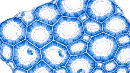 Forming showing microscopic view of blue stained plant cells forming a hexagonal honeycomb...