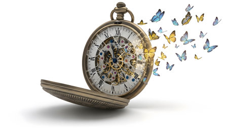 An antique pocket watch with a visible clockwork mechanism and Roman numerals has colorful...