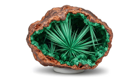 Copper showing mineral geode with radiating green acicular malachite crystals on a copper lined...