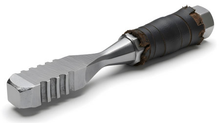 Leather showing metal chisel tool with serrated edge and wrapped leather handle on white...
