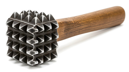 A metal meat tenderizer mallet with a textured head and a wooden handle rests on a white background.
