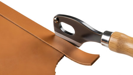 Leather showing leather craft tool with wooden handle slicing a strip from tan leather.