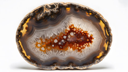Polished agate geode slice a white crystal cavity surrounded by intricate orange and brown...