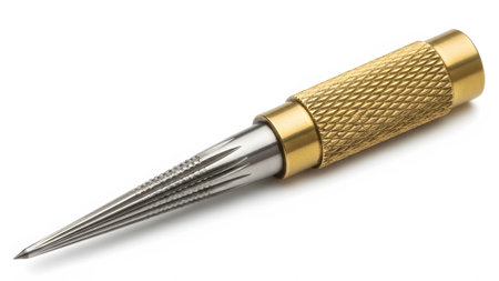 A precision metal reamer tool with a knurled brass handle and a fluted steel tip is shown.