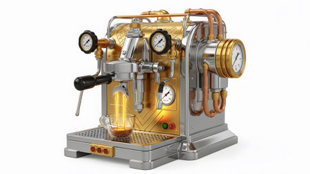 showing ornate golden and silver espresso machine brewing coffee into a clear glass cup on...の写真素材