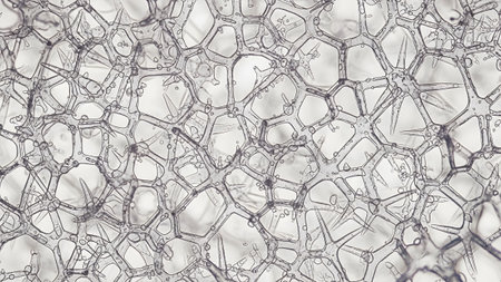 Overlapping polygonal microscopic structures with spiky protrusions create a complex texture...