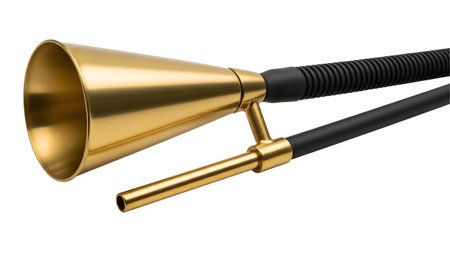 A shiny brass horn attaches to a black corrugated hose, isolated on a white background....