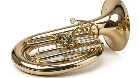 With showing polished gold sousaphone musical instrument with silver accents and detailed valves...