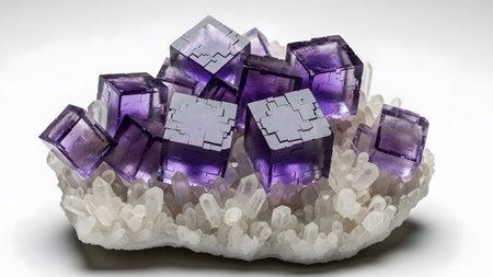 showing purple fluorite cubes growing on a bed of white quartz crystals isolated on white....